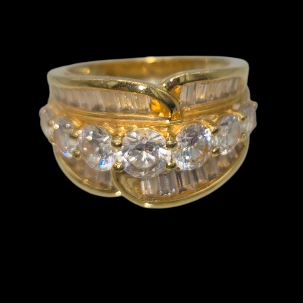 Vintage Cocktail Ring 925 Gold Vermeil & Round Brilliant & Baguette CZ 's